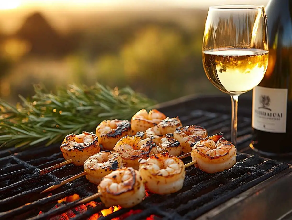 Grilled shrimp skewers paired with a glass of white wine, served outdoors with rosemary garnish, perfect for a seafood and wine pairing experience.