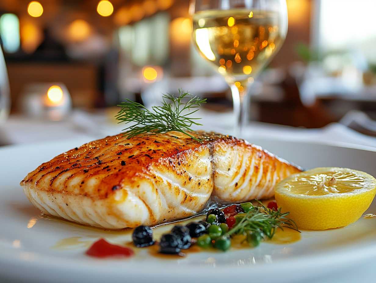 Grilled cod fillet served with fresh lemon, herbs, and a glass of white wine, creating a perfect seafood and wine pairing.