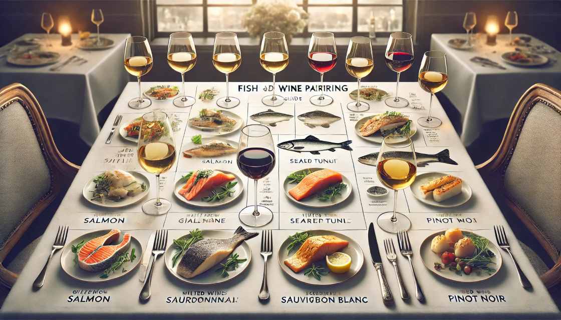 Seafood and Wine Pairing Guide with a variety of fish dishes and matching wine glasses.