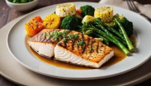 Grilled fish fillet served with steamed broccoli, asparagus, corn, and bell peppers, offering a healthy, low-calorie seafood meal.