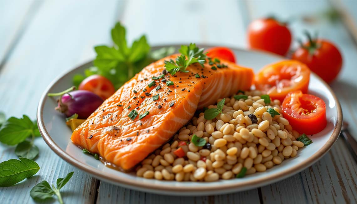 Grilled salmon with broccoli, asparagus, tomatoes, and lemon on a plate, showcasing a protein-rich, omega-3 seafood diet.