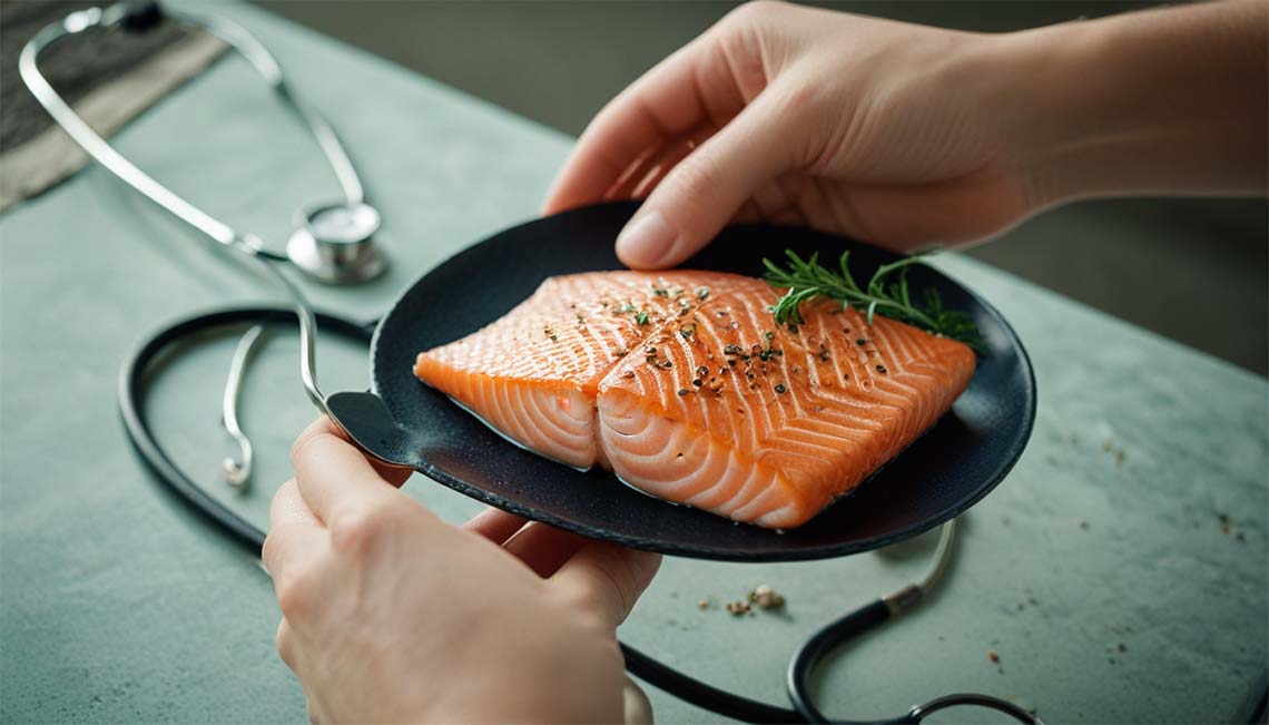 Doctor's hands holding a fresh salmon fillet with a stethoscope in the background, highlighting the heart health benefits of omega-3 rich fish.