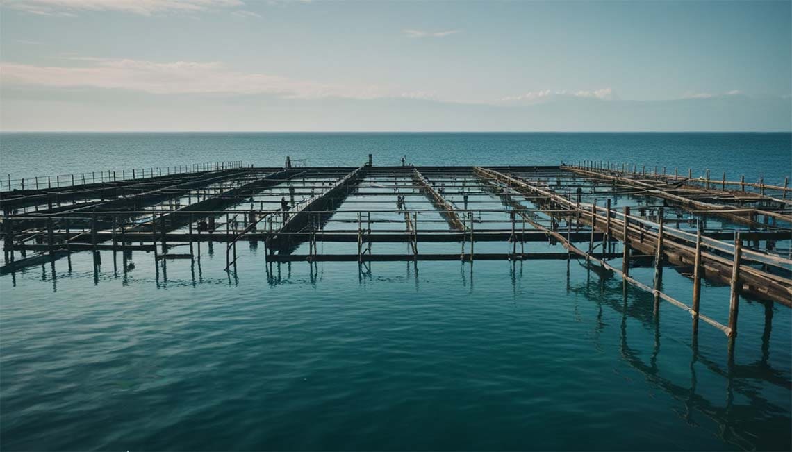 Wide view of a sustainable fish farm in open sea waters, representing eco-friendly seafood sourcing.