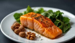 9 amazing Benefits of Seafood high-protein Diet 7 Raw salmon fillet served with walnuts and leafy greens on a white plate, highlighting omega-3 rich foods for brain health.