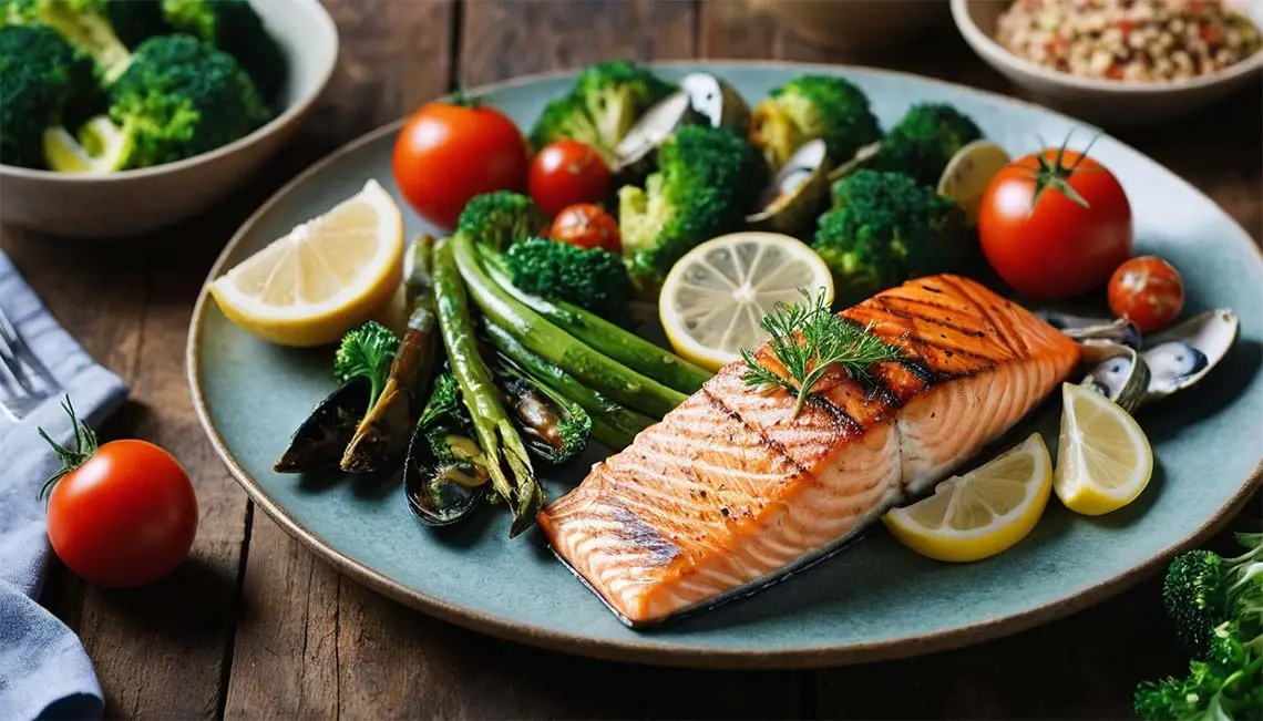 Grilled salmon fillet served with asparagus, broccoli, tomatoes, and lemon slices, highlighting a high-Protein diet.