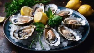 Freshly shucked oysters on ice with lemon wedges and herbs, showcasing a protein-rich, mineral-dense seafood option.