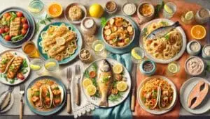 A colorful spread of cheap fish dinners, including grilled salmon with vegetables, lemon herb fish with pasta, fish tacos, whole baked fish with lemon slices, and seafood pasta dishes, surrounded by sauces and fresh ingredients.