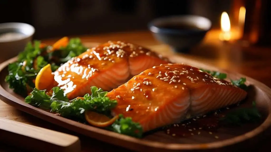 Two baked salmon fillets topped with a shiny honey mustard glaze, sprinkled with sesame seeds, and served on a wooden platter with fresh greens and orange slices.