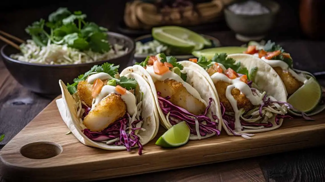 Fish tacos topped with crispy fried fish, shredded red cabbage slaw, fresh cilantro, diced tomatoes, and drizzled with creamy sauce, served on soft tortillas with lime wedges.