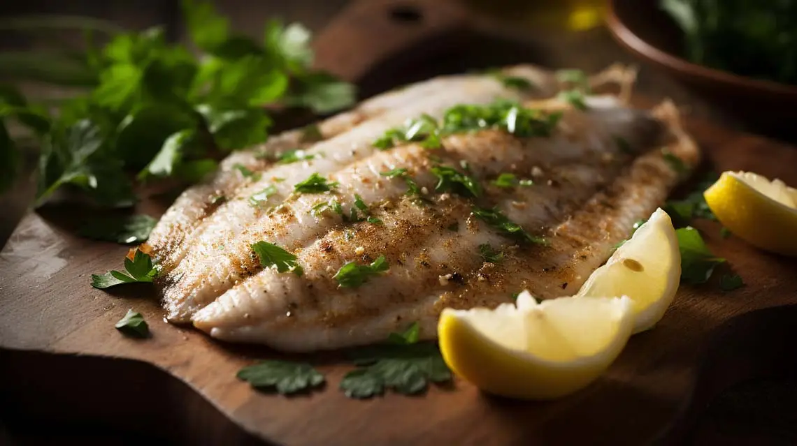 Lemon Garlic Tilapia fillet garnished with fresh parsley, served with lemon wedges on a wooden board.