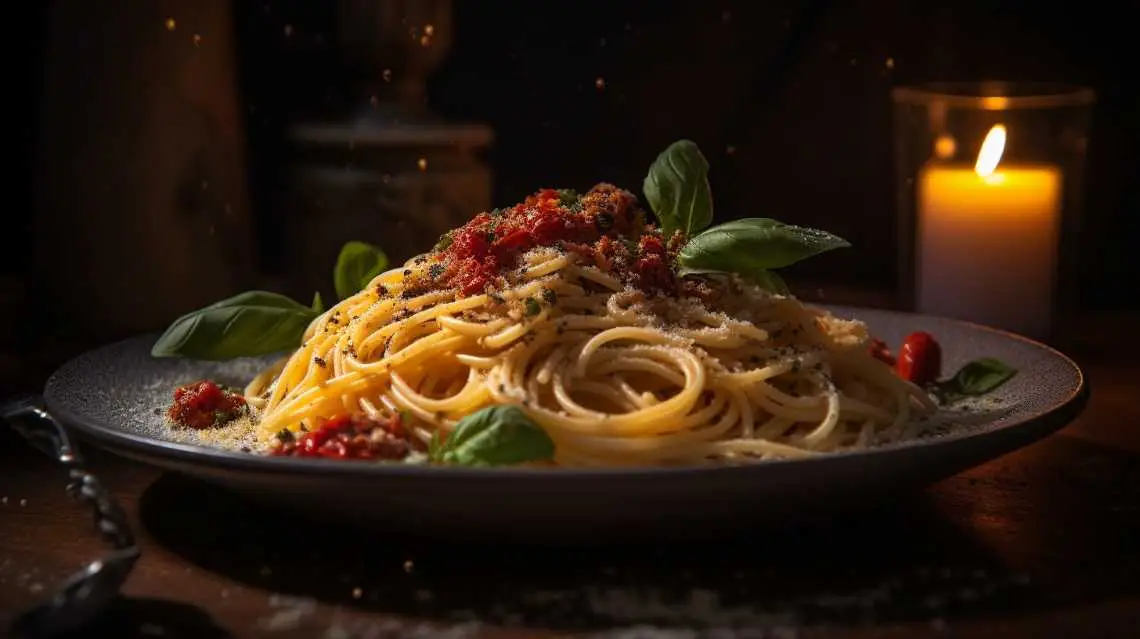 Sardine and Tomato Pasta, sun-dried tomatoes, fresh basil leaves, and grated Parmesan, served on a dark plate in a cozy candlelit setting.