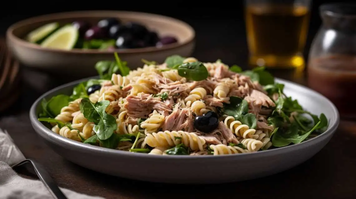 Close-up of a tuna pasta salad with fusilli pasta, fresh arugula, black olives, and herbs served in a gray bowl on a wooden table.