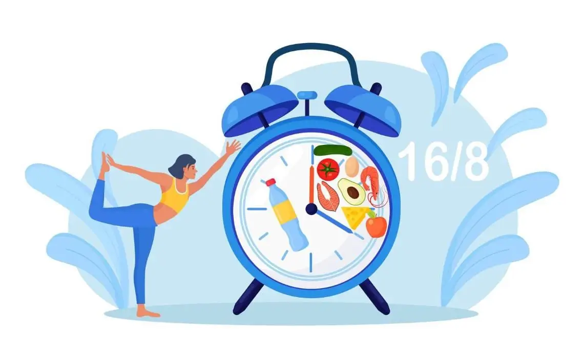 Illustration of a woman practicing yoga next to a blue alarm clock filled with healthy foods like salmon, avocado, and vegetables, symbolizing the 16/8 intermittent fasting method.