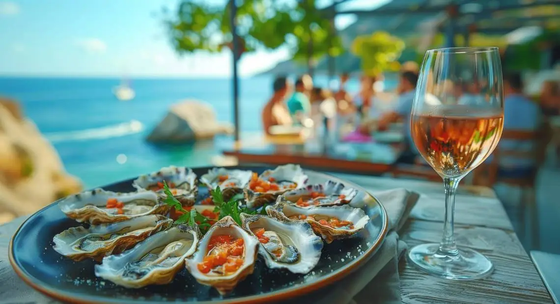 Plate of fresh oysters and rosé wine at a scenic coastal restaurant, highlighting the quality and freshness often associated with sustainable Canadian seafood labels.