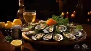 Home 29 Delicious fresh oysters on a bed of ice and greens, served with lemon, white wine, and beer in a restaurant setting.