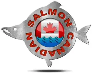 Home 21 Metallic logo featuring a fish shape with 'Canadian Salmon' text and Canadian flag design, symbolizing quality seafood.