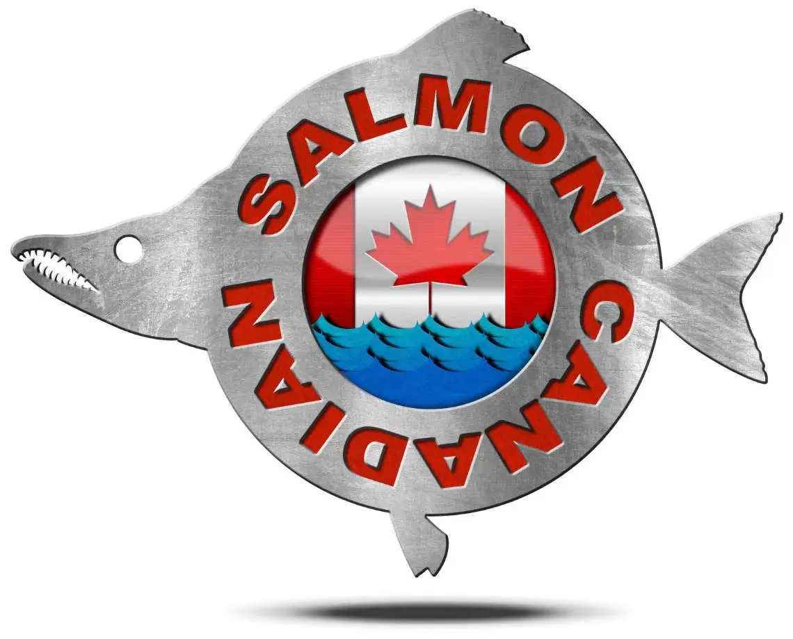 Metallic logo featuring a fish shape with 'Canadian Salmon' text and Canadian flag design, symbolizing quality seafood.