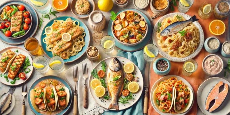 A colorful spread of cheap fish dinners, including grilled salmon with vegetables, lemon herb fish with pasta, fish tacos, whole baked fish with lemon slices, and seafood pasta dishes, surrounded by sauces and fresh ingredients.