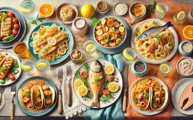 A colorful spread of cheap fish dinners, including grilled salmon with vegetables, lemon herb fish with pasta, fish tacos, whole baked fish with lemon slices, and seafood pasta dishes, surrounded by sauces and fresh ingredients.