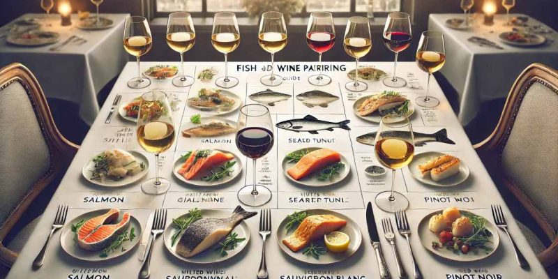 Seafood and Wine Pairing Guide with a variety of fish dishes and matching wine glasses.