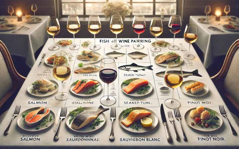 Seafood and Wine Pairing Guide with a variety of fish dishes and matching wine glasses.