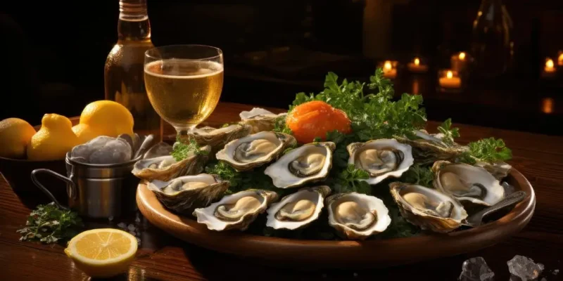 Delicious fresh oysters on a bed of ice and greens, served with lemon, white wine, and beer in a restaurant setting.