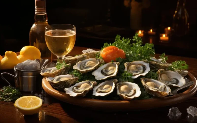 Delicious fresh oysters on a bed of ice and greens, served with lemon, white wine, and beer in a restaurant setting.