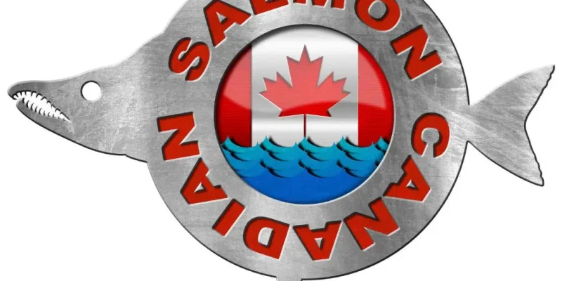 Metallic logo featuring a fish shape with 'Canadian Salmon' text and Canadian flag design, symbolizing quality seafood.