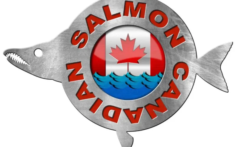 Metallic logo featuring a fish shape with 'Canadian Salmon' text and Canadian flag design, symbolizing quality seafood.