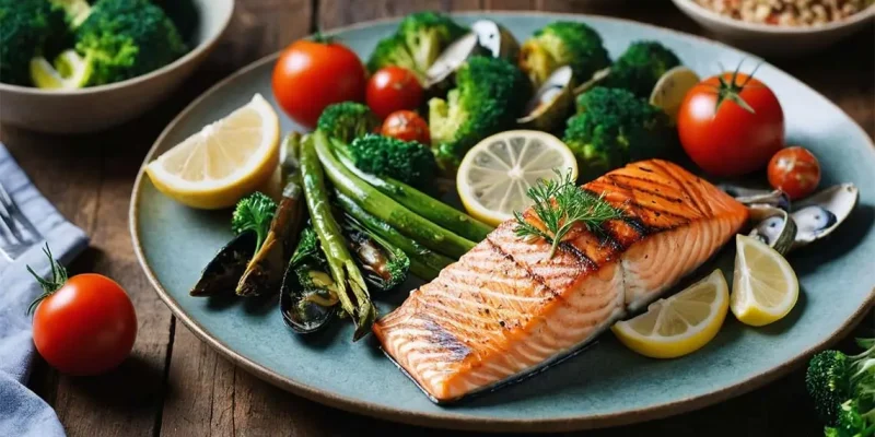 Grilled salmon fillet served with asparagus, broccoli, tomatoes, and lemon slices, highlighting a high-Protein diet.