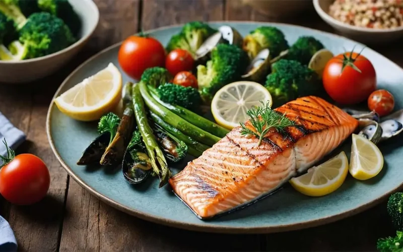 Grilled salmon fillet served with asparagus, broccoli, tomatoes, and lemon slices, highlighting a high-Protein diet.